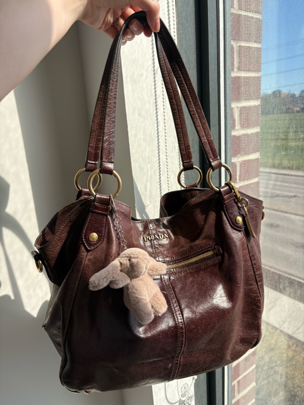AUTHENTIC Prada Dark Brown Leather Shoulder Bag with Gold Hardware